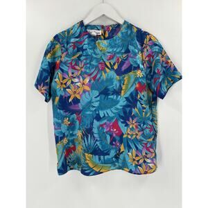 Jeri Marque Blouse Womens 8 Blue Tropical Satin Keyhole Button Short Sleeves